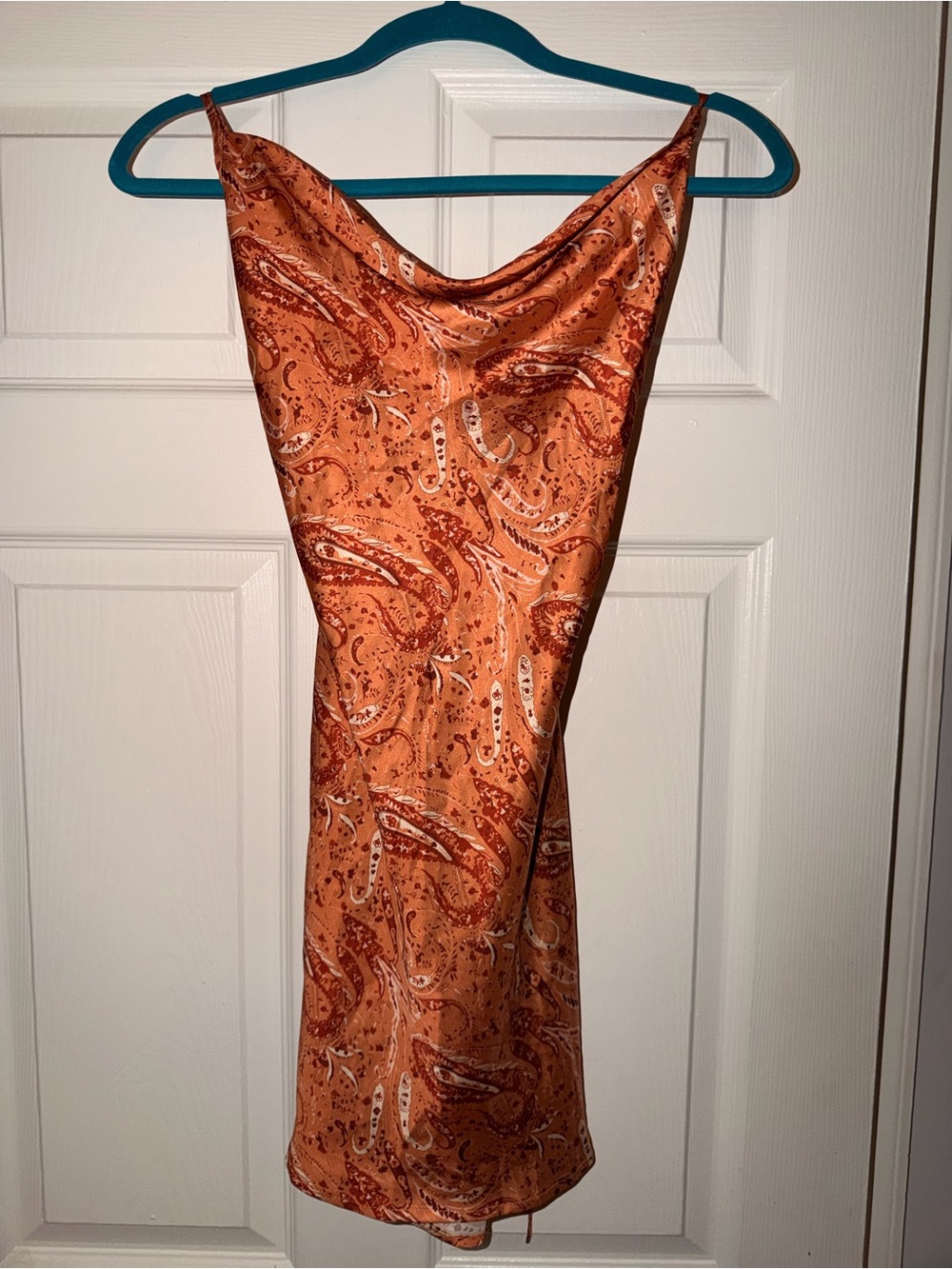 SHEIN Orange Paisley Satin Cowl Midi Slip Dress